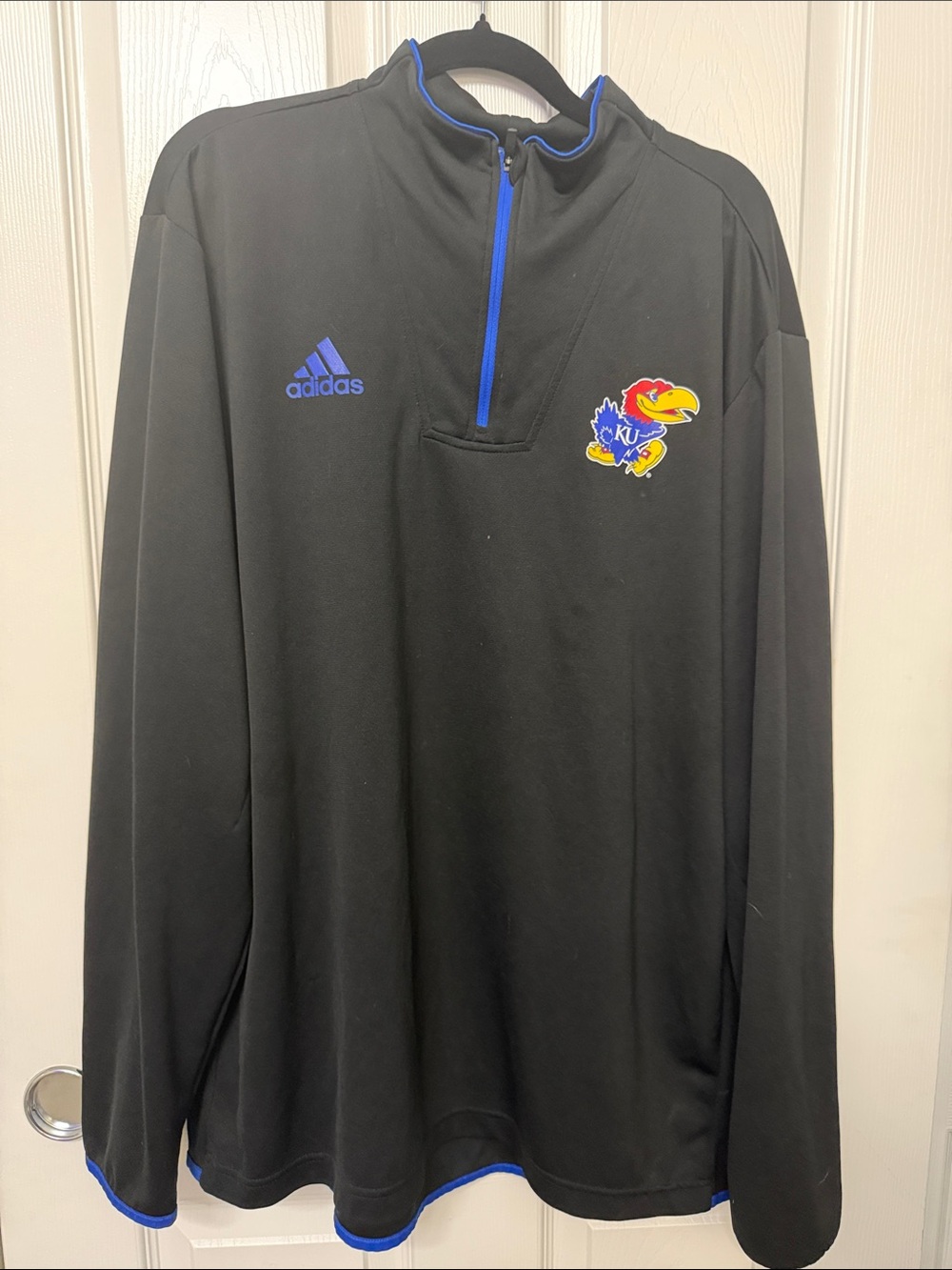 adidas Black Performance Quarter-Zip with Blue Trim and KU Jayhawk Patch
